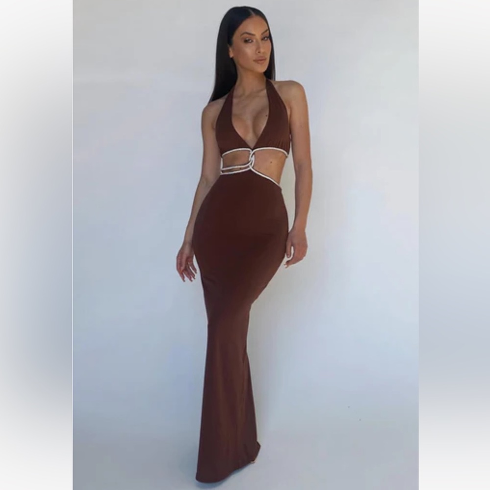 Nicha Diamante Cut Out Maxi Dress - Chocolate